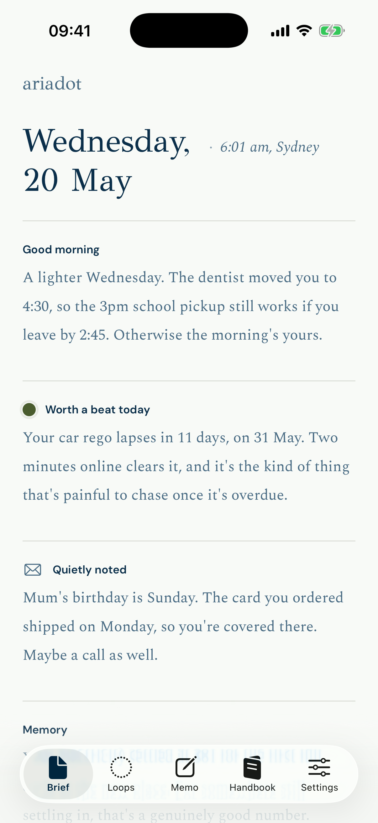 The Ariadot morning brief on an iPhone, showing a calm note about the day, a car registration due, a birthday, and a memory about the electricity bill.