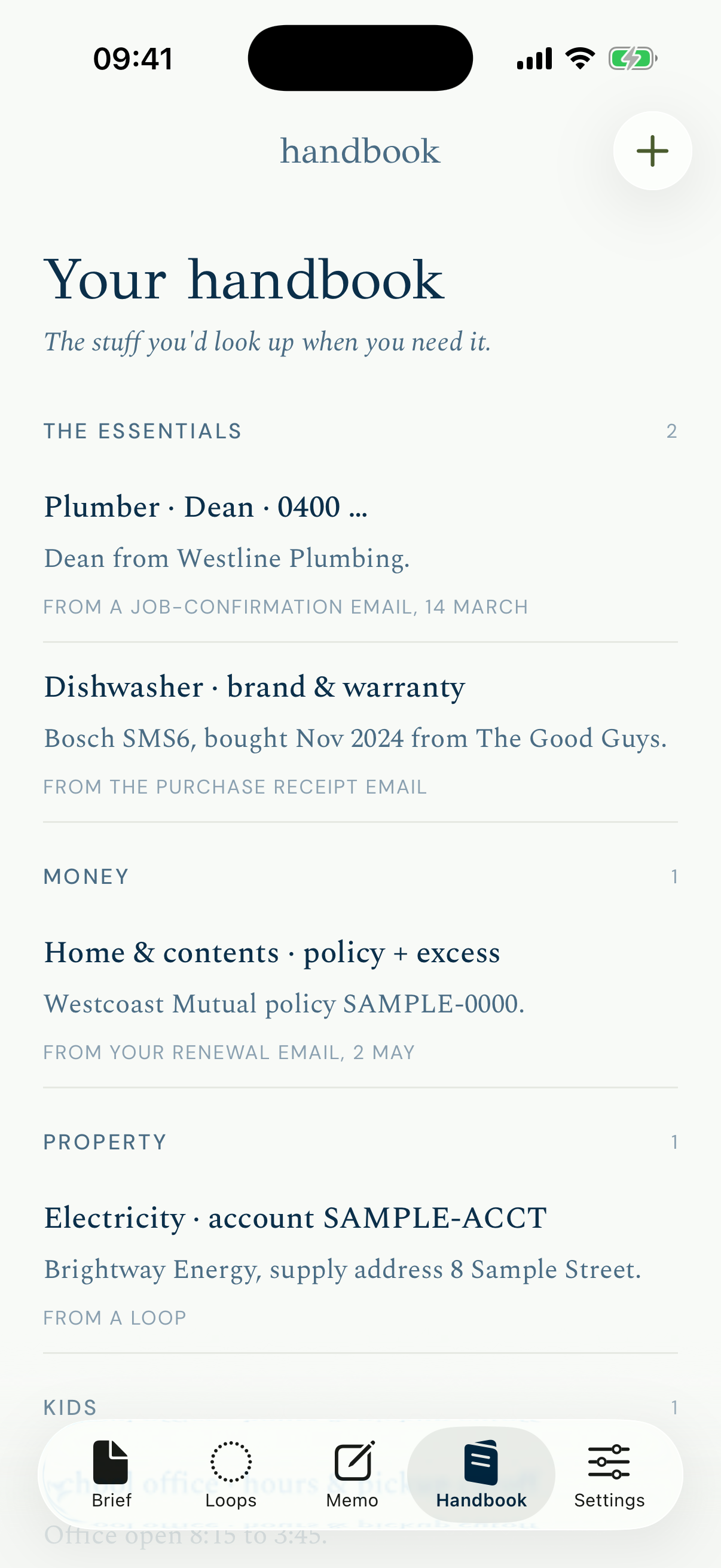 The Ariadot Handbook screen on an iPhone, with entries grouped into Essentials, Money, Property and Kids, each showing a detail like a plumber, an insurance policy, or a school office.